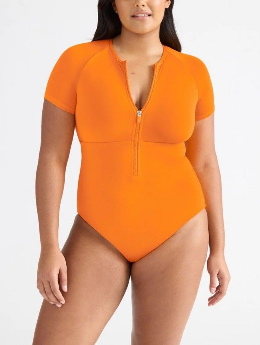knix Bright Orange Short Sleeve Zip Front One-Piece Bathingsuit NWOT